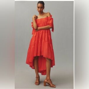 Anthropologie Off-the-shoulder Tiered High-low Midi Dress in Coral/Red